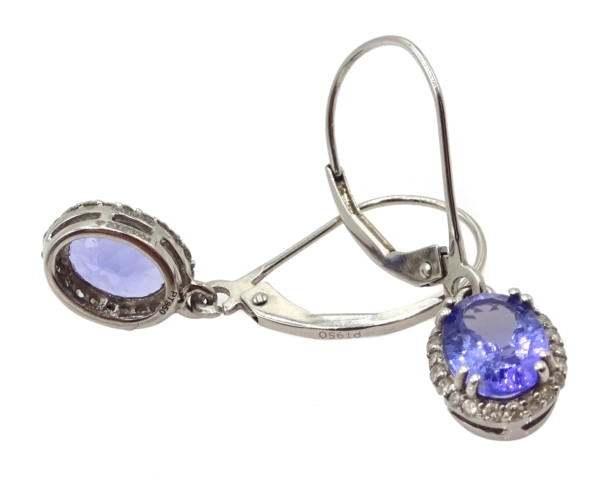 Pair of platinum oval tanzanite and diamond cluster pendant earrings, - Image 3 of 3