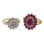 Gold ruby and diamond ring and a gold diamond cluster ring,