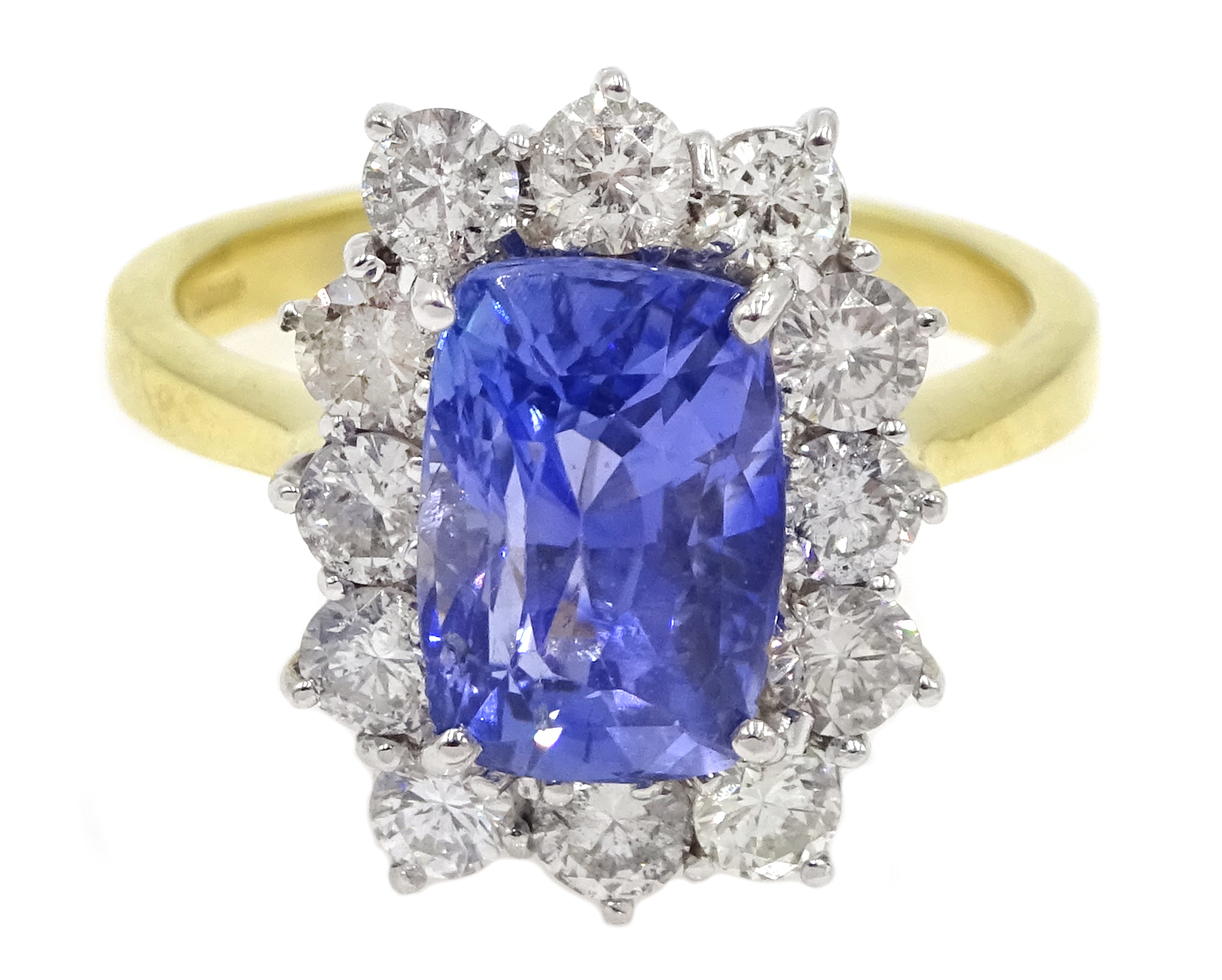 18ct gold Ceylon sapphire and diamond cluster ring, hallmarked, sapphire approx 3.