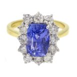 18ct gold Ceylon sapphire and diamond cluster ring, hallmarked, sapphire approx 3.