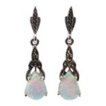 Pair of silver opal and marcasite pendant earrings,