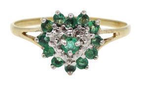 9ct gold emerald and diamond heart design ring,