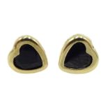 Pair of gold blue stone heart stud earrings,