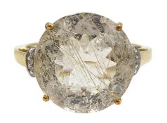 9ct gold circular rutilated quartz and diamond chip ring,