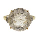 9ct gold circular rutilated quartz and diamond chip ring,