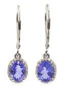 Pair of platinum oval tanzanite and diamond cluster pendant earrings,