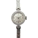 Tudor Royal 9ct white gold ladies manual wind bracelet wristwatch, diamond set bezel,