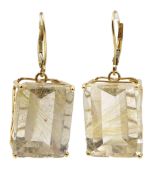 Pair of gold emerald cut rutilated quartz pendant earrings,