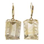 Pair of gold emerald cut rutilated quartz pendant earrings,