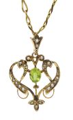 Edwardian gold peridot and split seed pearl pendant, makers H&CB,