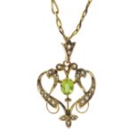 Edwardian gold peridot and split seed pearl pendant, makers H&CB,