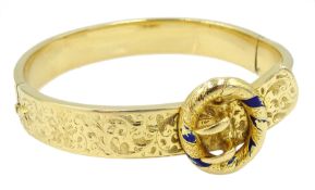 Victorian 15ct gold, blue enamel buckle hinged bangle,