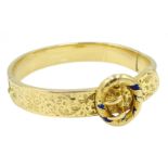 Victorian 15ct gold, blue enamel buckle hinged bangle,