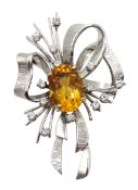 French 18ct white gold oval citrine and round brilliant cut diamond bow spray brooch,