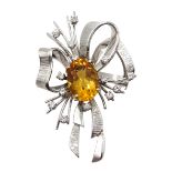 French 18ct white gold oval citrine and round brilliant cut diamond bow spray brooch,