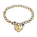 9ct gold curb chain bracelet with heart locket hallmarked, approx 9.