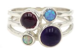 Silver amethyst, opal and garnet ring,