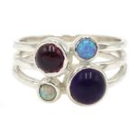 Silver amethyst, opal and garnet ring,