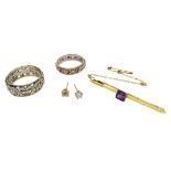 Gold amethyst bar brooch, stone set gold eternity ring, both stamped 9ct,