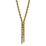 9ct gold rope twist and tassel necklace hallmarked, approx 26.