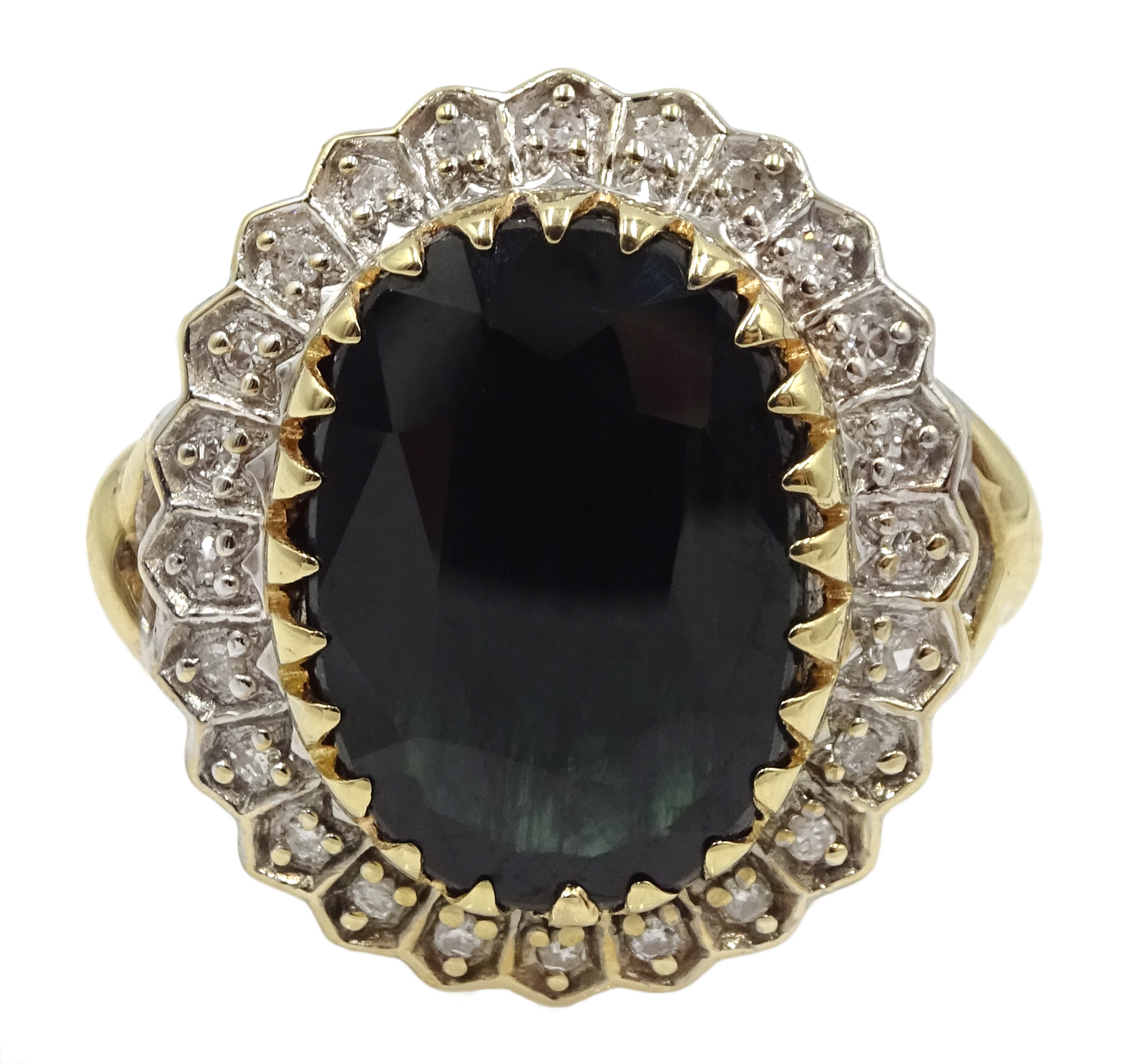 9ct gold oval sapphire and diamond cluster ring,