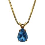 Gold pear shaped blue topaz pendant, on 18ct gold box link chain necklace,