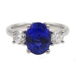 Platinum fine Ceylon sapphire and diamond three stone ring, hallmarked, sapphire 2.