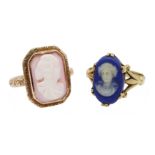 Early 20th century rose gold cameo ring and a gold Wedgewood cameo ring,