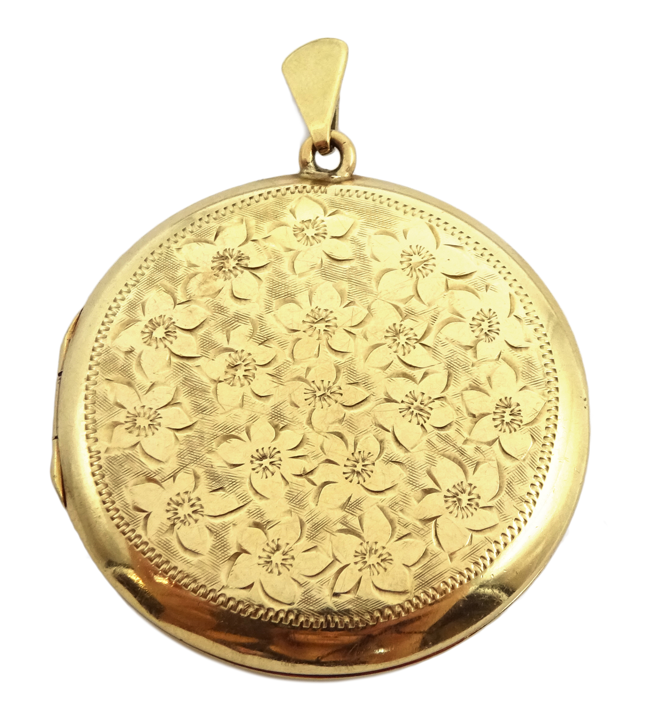 9ct gold circular locket, with engraved decoration hallmarked,