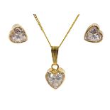 9ct gold heart shaped cubic zirconia pendant necklace and matching earrings,