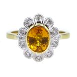 18ct gold yellow sapphire and diamond cluster ring, hallmarked, yellow sapphire approx 1.