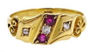 Edwardian gold two stone ruby and three stone diamond ring,