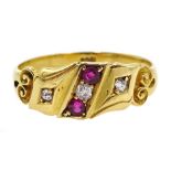 Edwardian gold two stone ruby and three stone diamond ring,