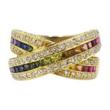 18ct gold multi colour sapphire and diamond ring,