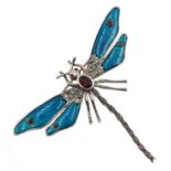 Silver marcasite, garnet and blue enamel dragonfly brooch,