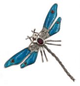 Silver marcasite, garnet and blue enamel dragonfly brooch,