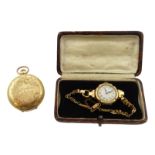 American gold-plated pocket watch by Illinois, case by Wrays and 9ct gold ladies wristwatch,