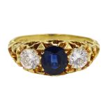 18ct gold three stone round brilliant cut diamond and oval sapphire ring by T.