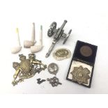 Five Military metal badges, cased Victorian Industrial Exhibition bronze medallion,