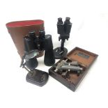 Pair King Double Coated 30 x 70 Binoculars, cased, reproduction magnifying glass on wooden base,