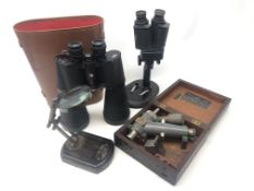 Pair King Double Coated 30 x 70 Binoculars, cased, reproduction magnifying glass on wooden base,