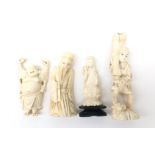 Four early 20th century carved ivory figures including Hotei, figure of a Farmer,