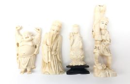 Four early 20th century carved ivory figures including Hotei, figure of a Farmer,