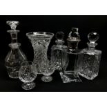 Contemporary glass decanter of wrythen form with hallmarked silver collar by Laurence R Watson & Co,