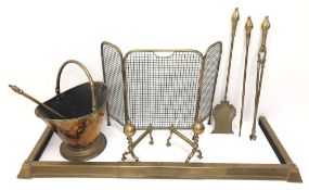 Victorian three piece brass companion set with matched coal fork, pair brass fire dogs,
