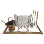 Victorian three piece brass companion set with matched coal fork, pair brass fire dogs,