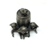 Early 20th century pewter inwell cast in the form of a barrel with three Monkeys and cat H7cm