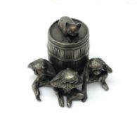 Early 20th century pewter inwell cast in the form of a barrel with three Monkeys and cat H7cm