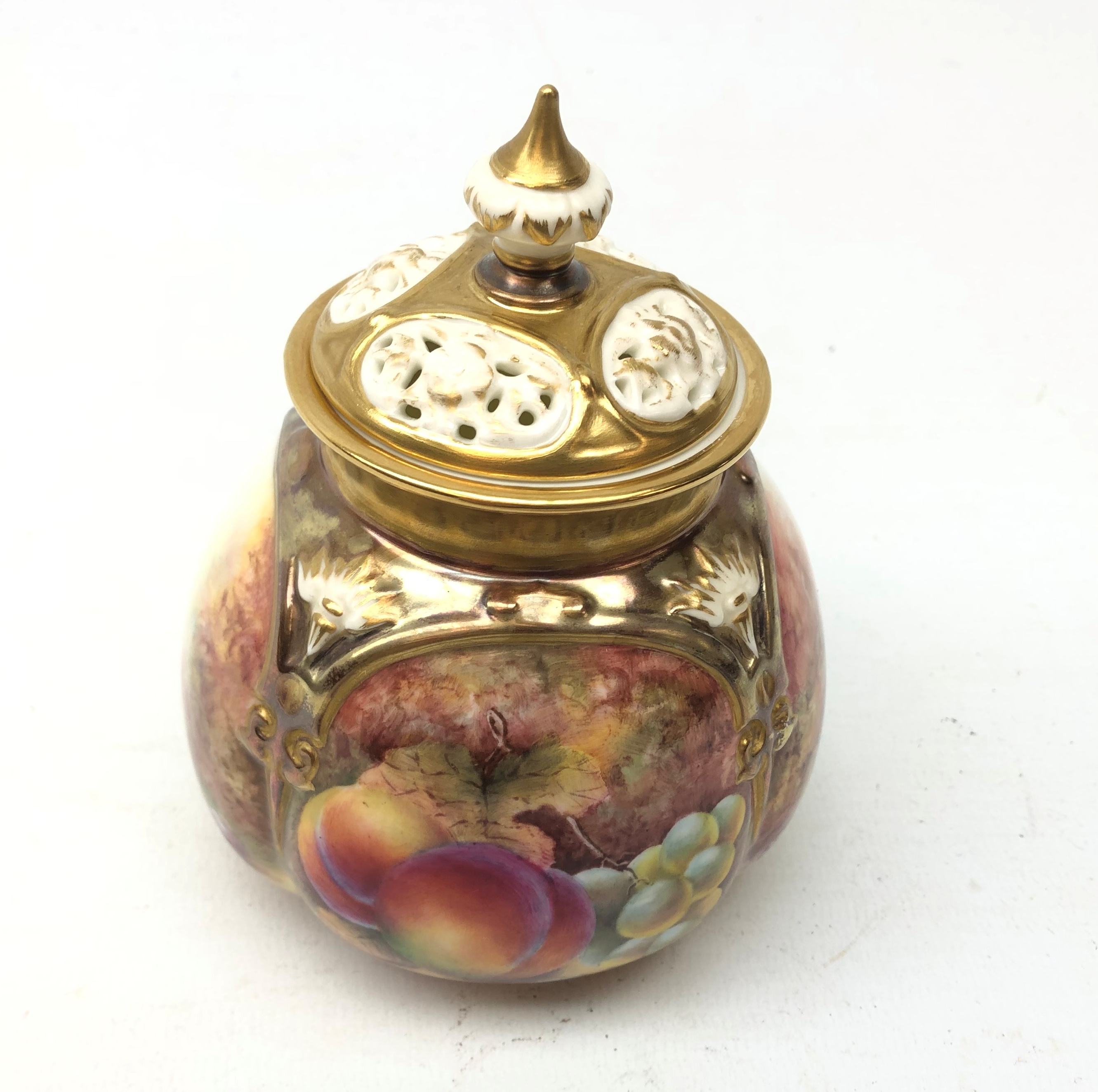 Royal Worcester pot pourri vase and cover hand-painted with fruit by Christopher Hughes, shape no. - Image 2 of 3