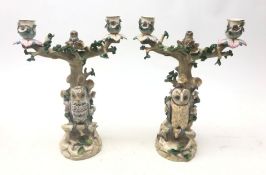 Pair of 19th century Ernst Bohne Söhne porcelain candelabra modelled as Owls perched on a tree,